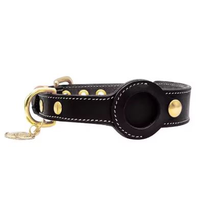Spiffy Puffy find Luxury Leather Dog Collar with AirTag Pocket - Black