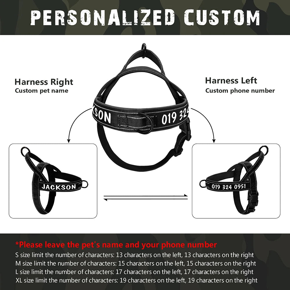 Personalized Reflective Tactical Dog Harness for Medium to Large Breeds
