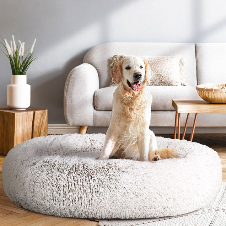 XLarge Dog Beds Pet 110cm Calming Soft Plush - White Brown