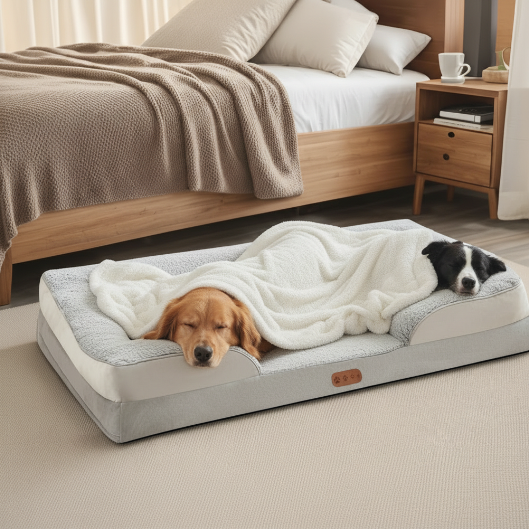 Two dogs on a large pet bed in a bedroom setting.