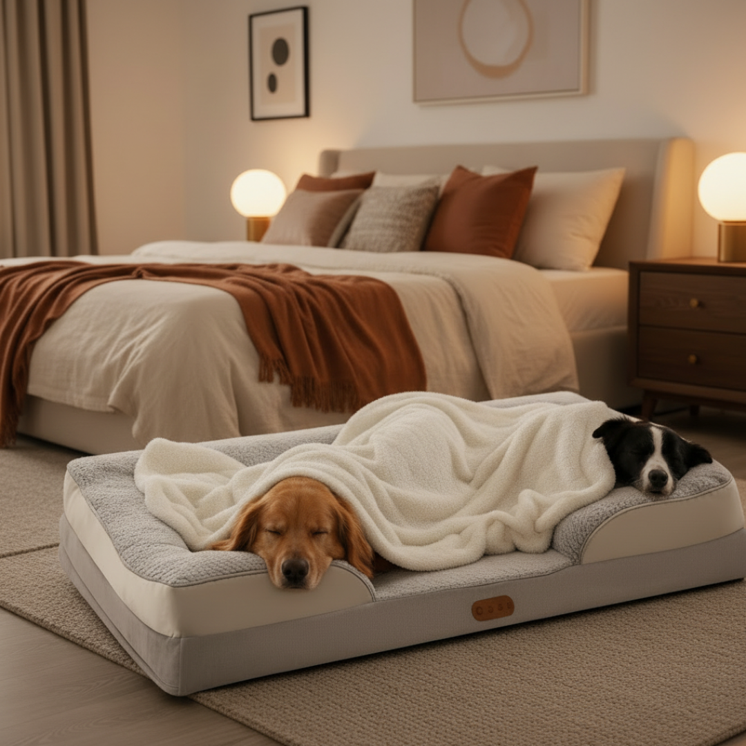 Two dogs sleeping on a large pet bed in a cozy bedroom.