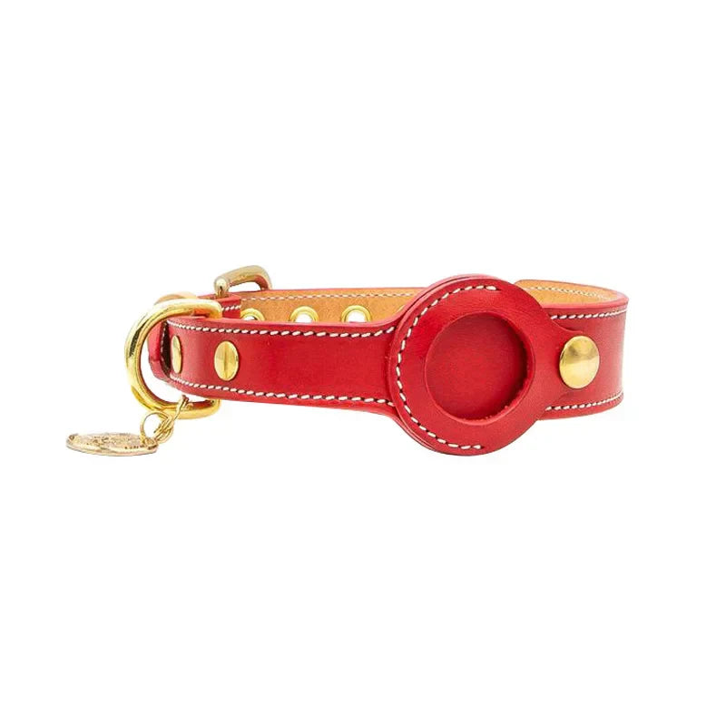 Spiffy Puffy find Luxury Red Leather Dog Collar with AirTag Pocket