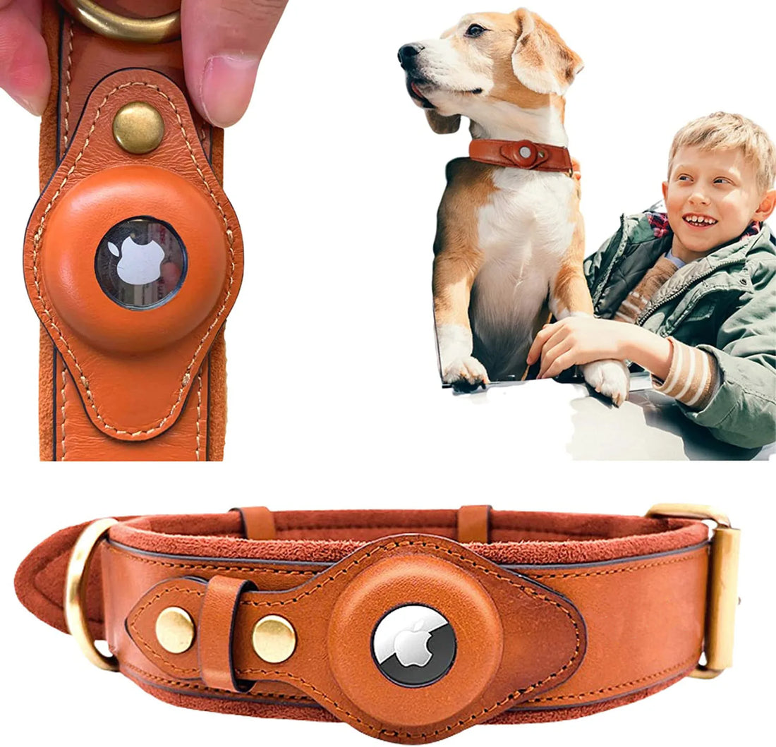 Spiffy Puffy find Heavy Duty Leather Dog Collar with Airtag Pocket - Tan