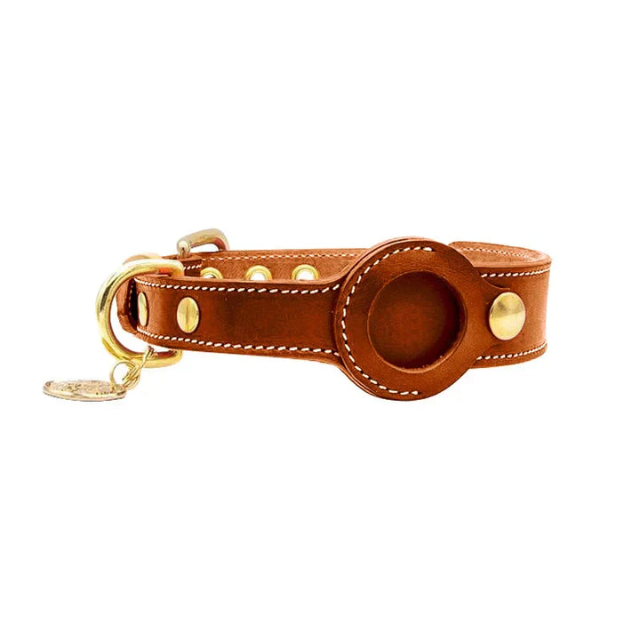 Spiffy Puffy find Luxury Leather Dog Collar with AirTag Pocket - Brown