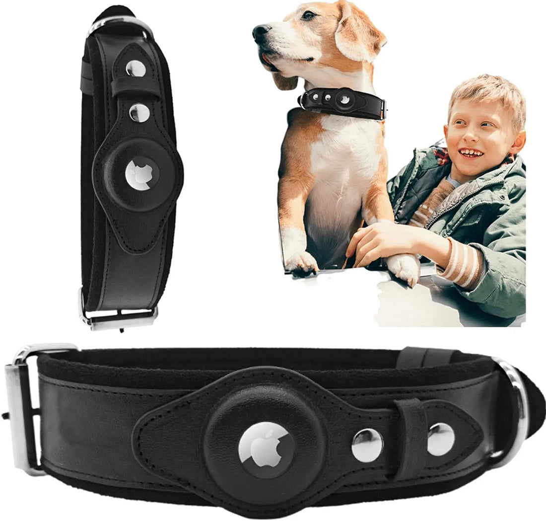Spiffy Puffy find Heavy Duty Black Leather Dog Collar with Airtag Pocket