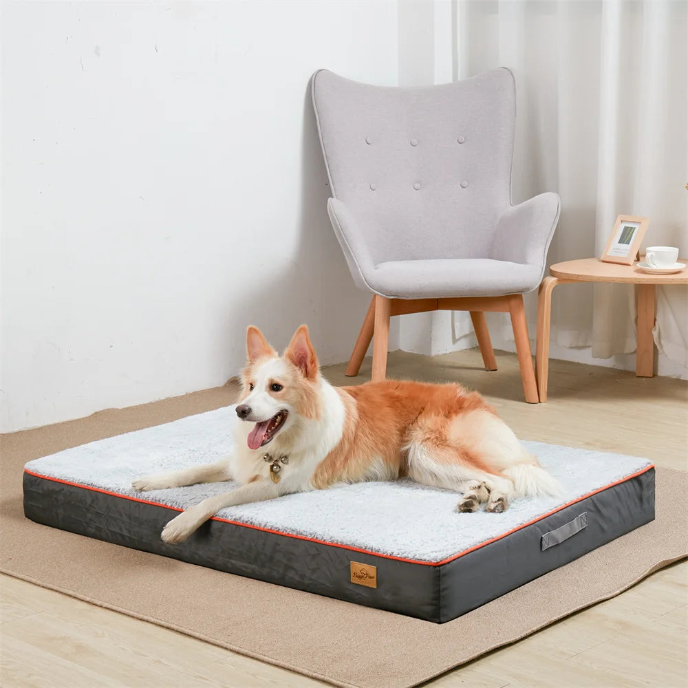 Premium Waterproof Orthopedic Memory Foam Dog Bed with Removable Covers and Orange Trim