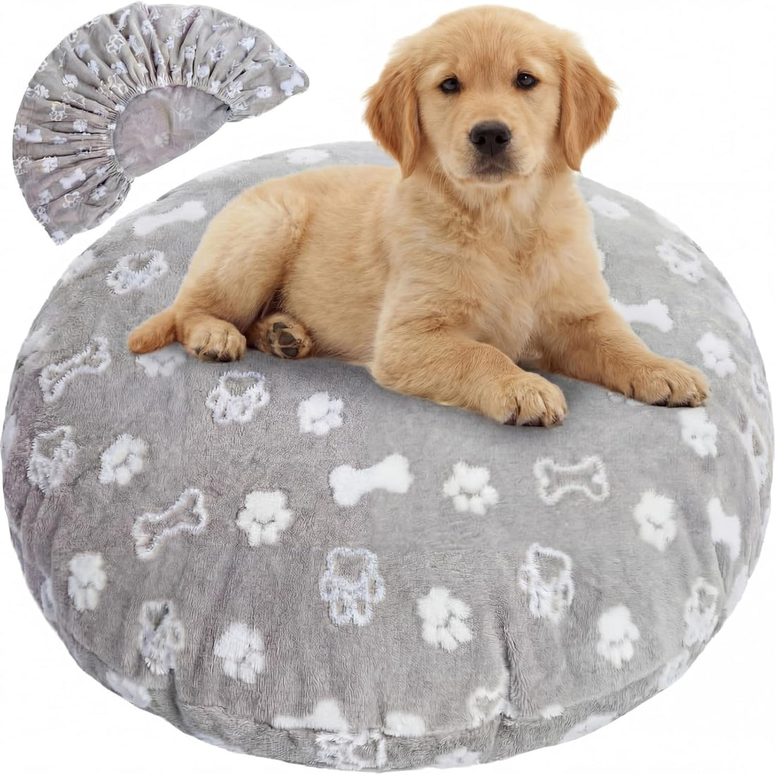Washable Round Dog Bed Cover 30 x 30 x 10 Gray Paw Bone Prints Waterproof Dog Bed Cover Replacement for Round and Donut Dogs Beds Scratch Resistant Mattress Protector
