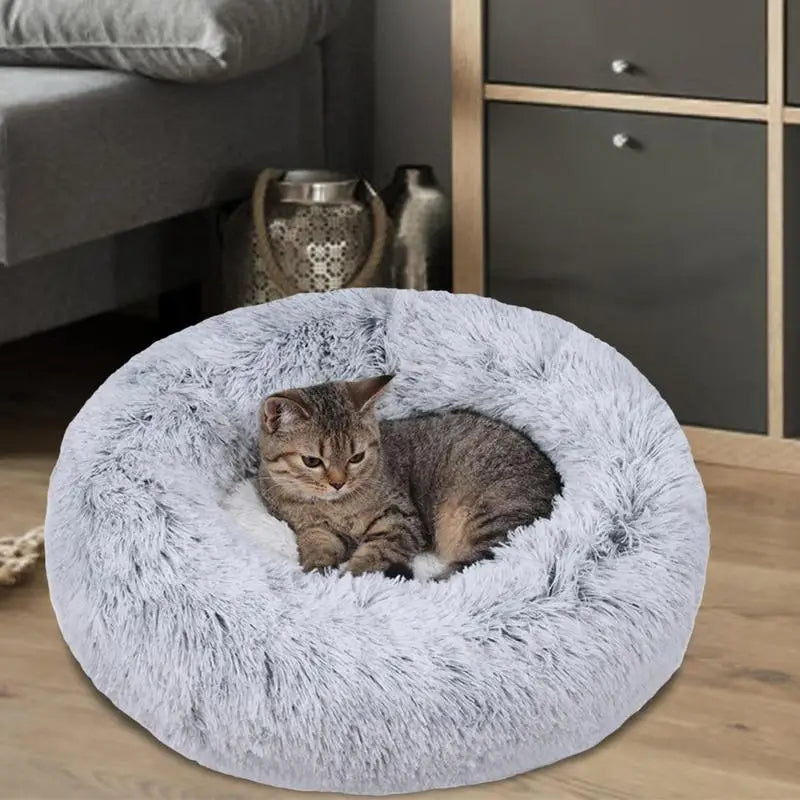 Spiffy PuffyFriend Luxurious Plush Dog & Cat Calming Bed - Fluffy Donut Cushion in Light Grey, Large 60cm