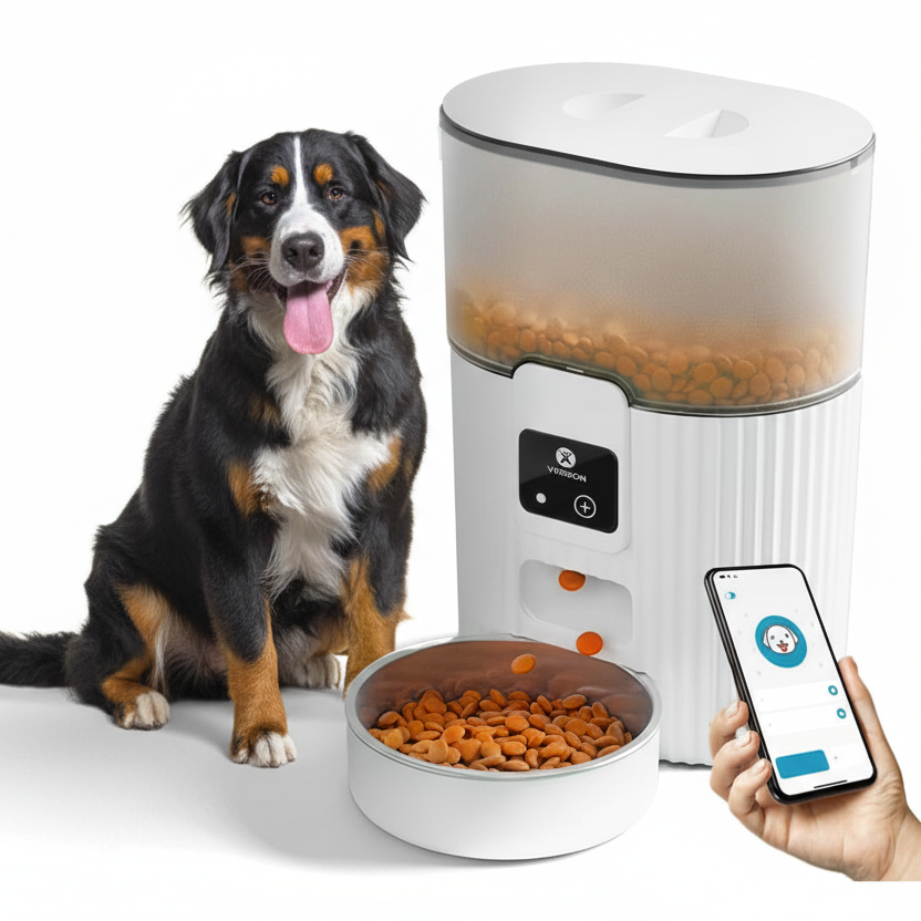 Dog next to a pet feeder and bowl with a smartphone showing an app interface.